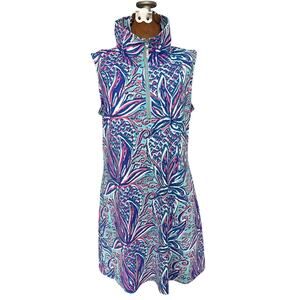 Lulu B Sz L 1/4 Zip Print Dress Blue Stretch Tennis Golf Pickleball Resort SPF
